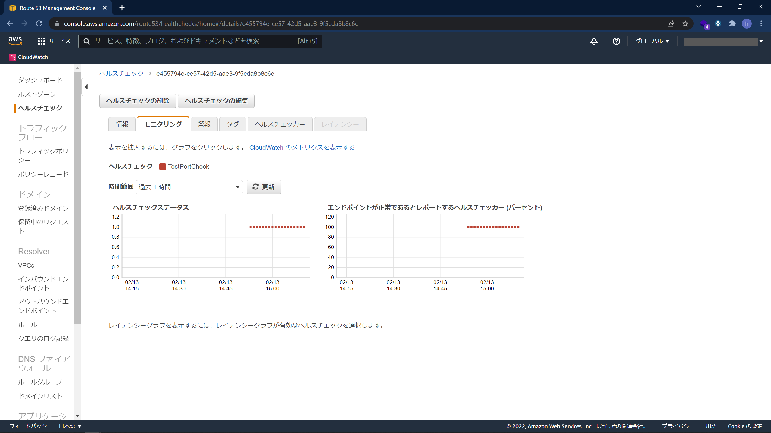 CloudWatchとRoute53でポート監視する手順7