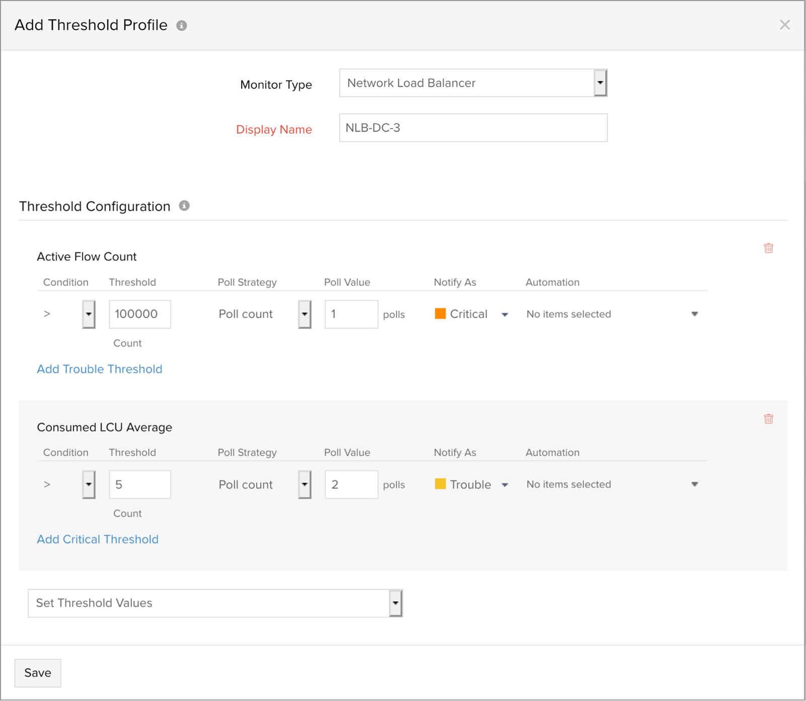 Network load balancer threshold profile Site24x7 threshold profile for the network load balancer node