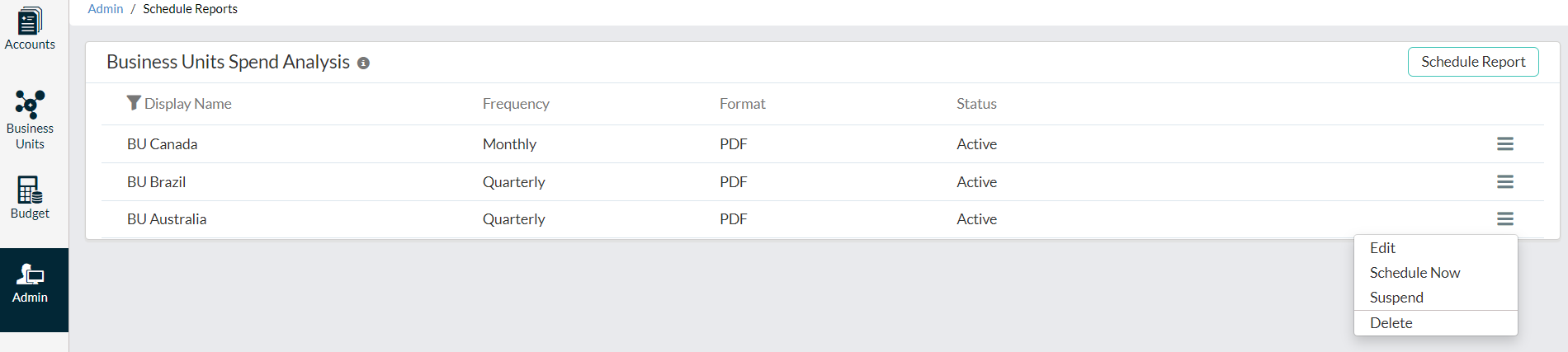 Select specific accounts in a BU Spend Analysis