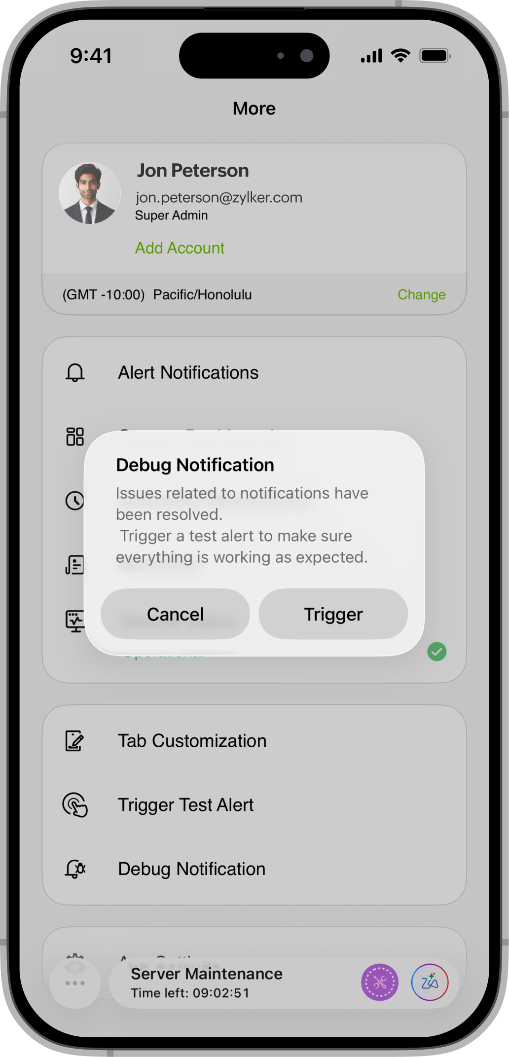 iOS App Settings デバッグ通知 iOS