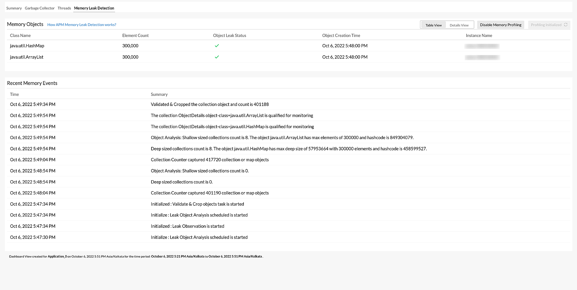 Table view of memory leak detection