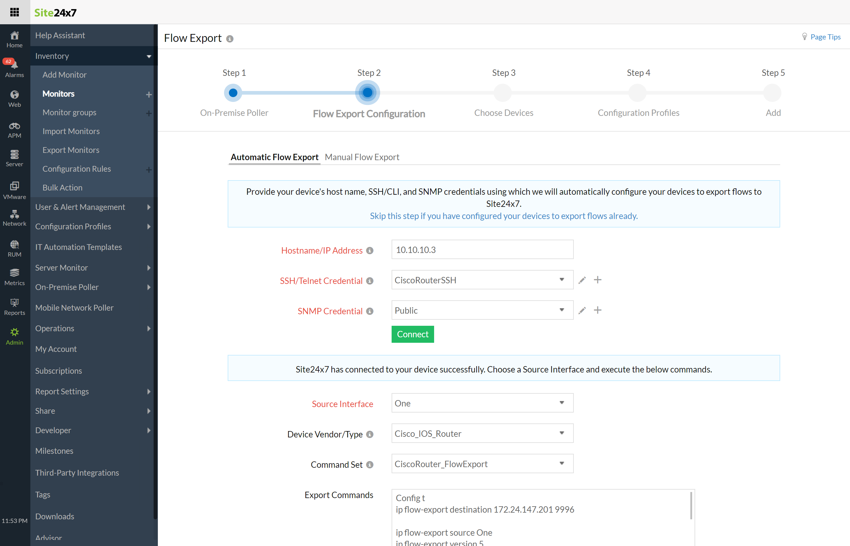 Automatic flow export configuration