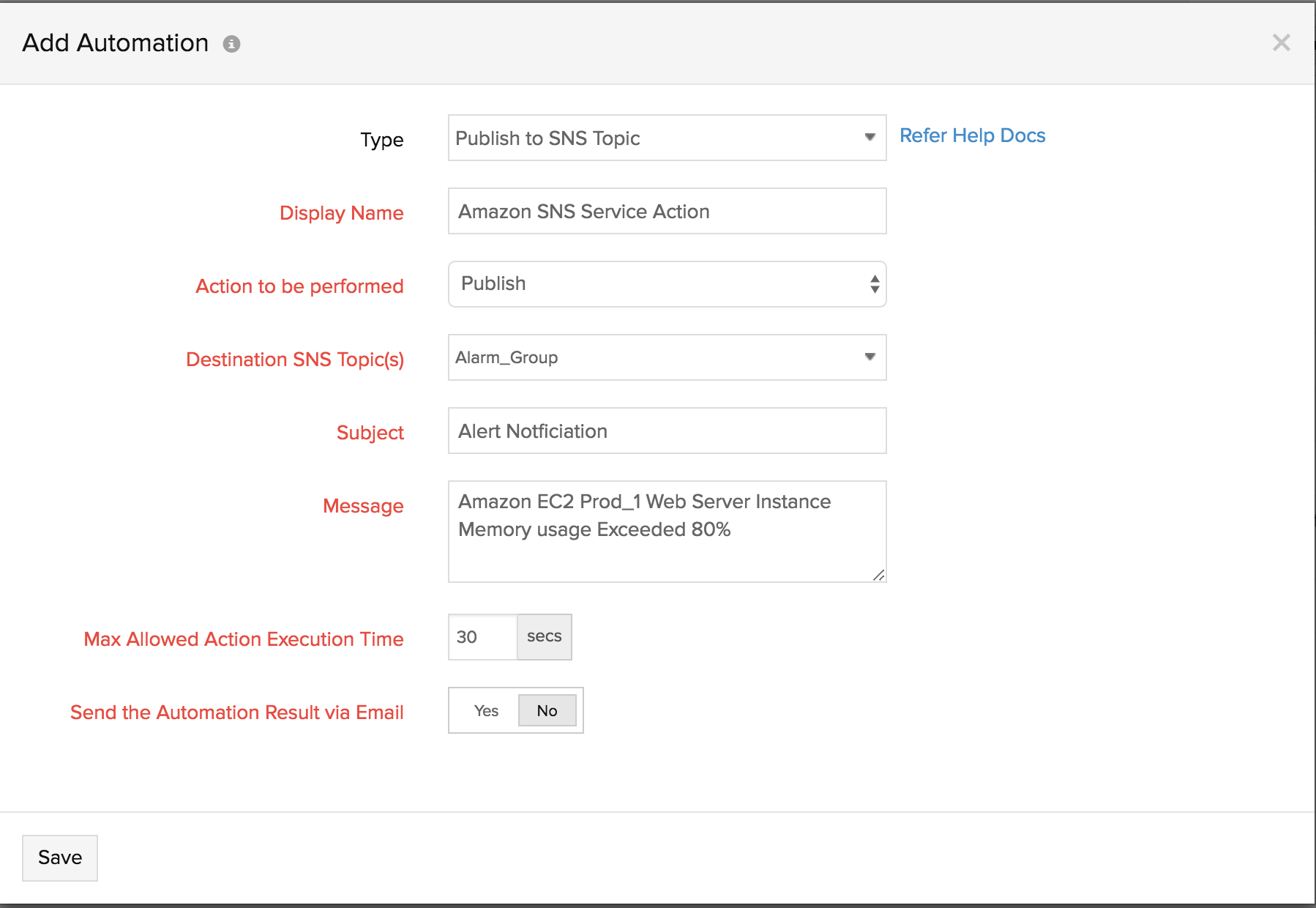 Creating an action profile to automate SNS publish action