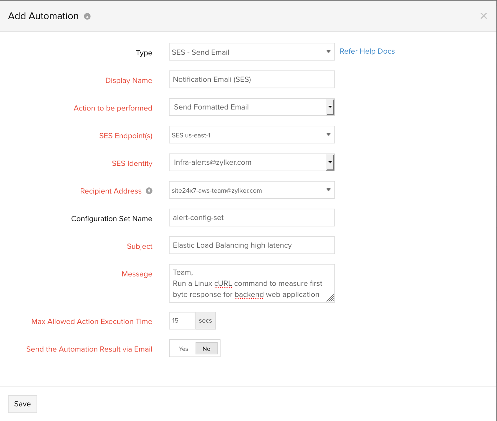 Action profile to send an email through Amazon SES