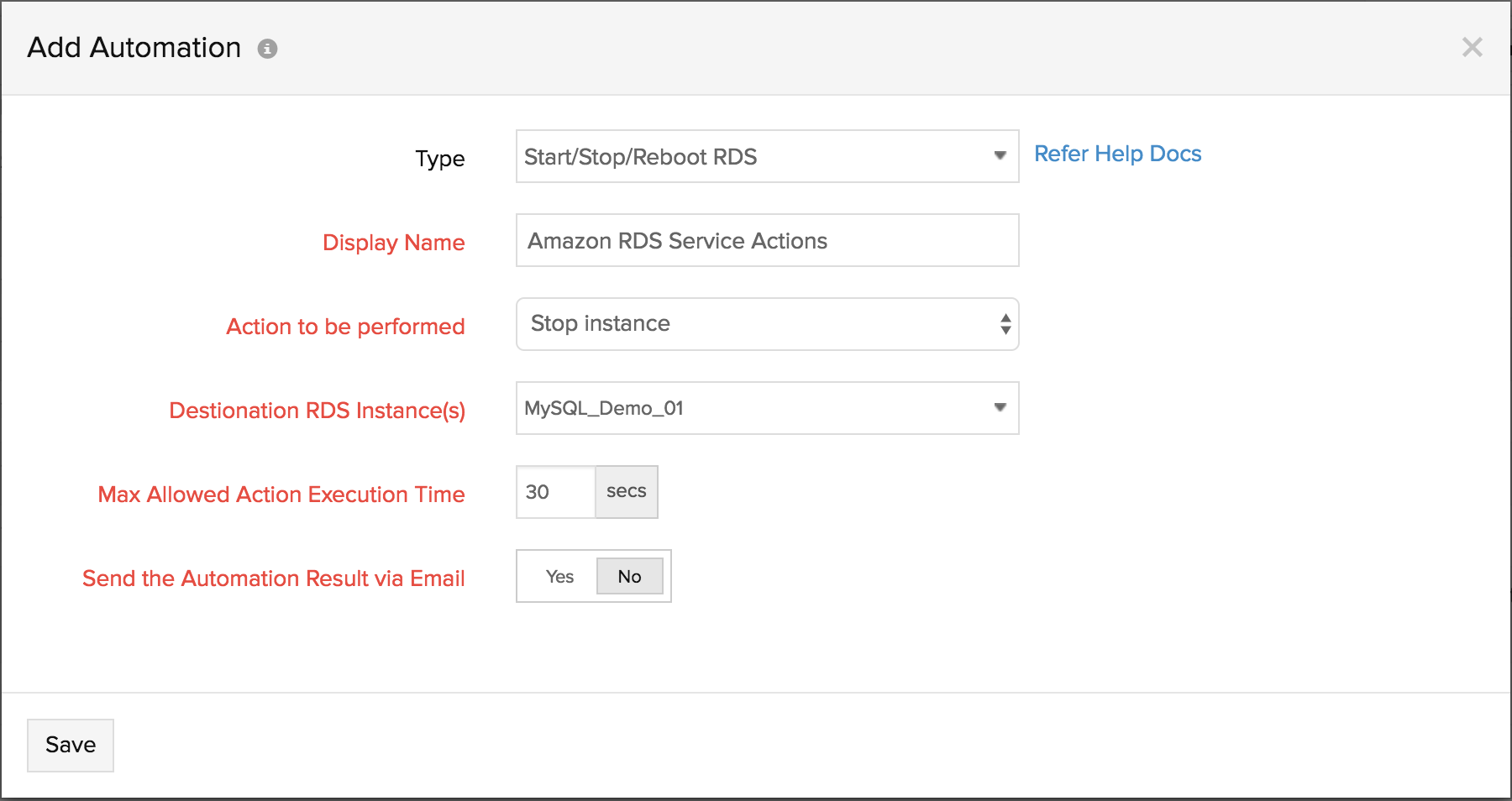 Creating an action profile to automate RDS actions